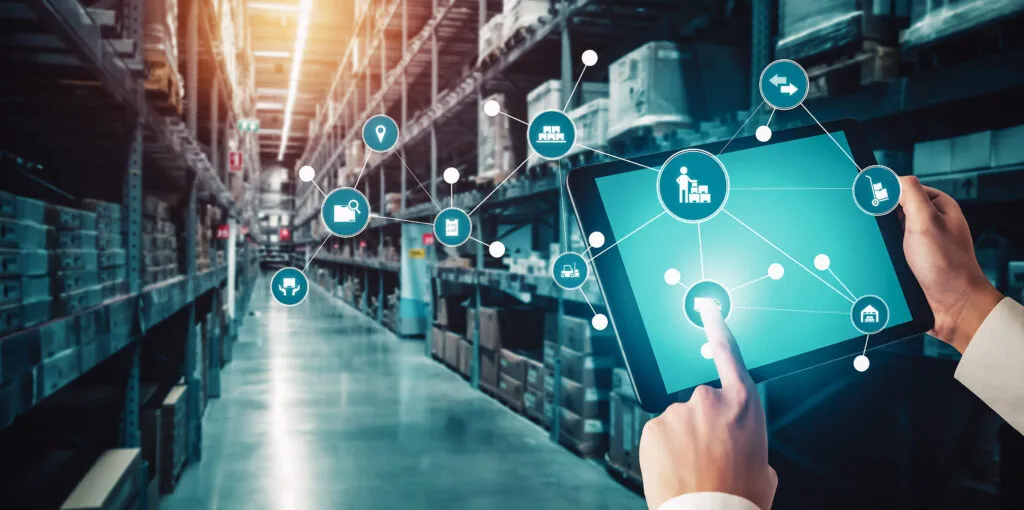 Smart warehouse management system with innovative internet of things technology to identify package picking and delivery . Future concept of supply chain and logistic network business .