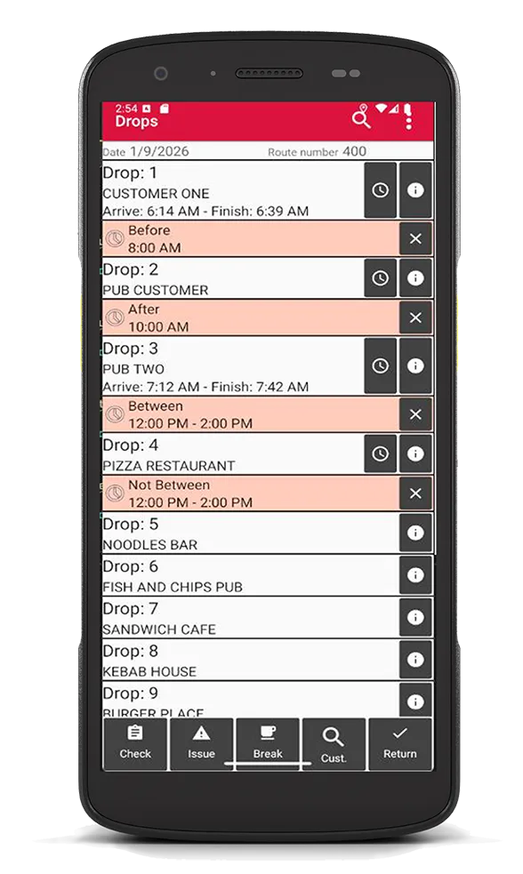 Zebra TC27 mobile computer displaying a Qnetex drops list for multi-drop deliveries